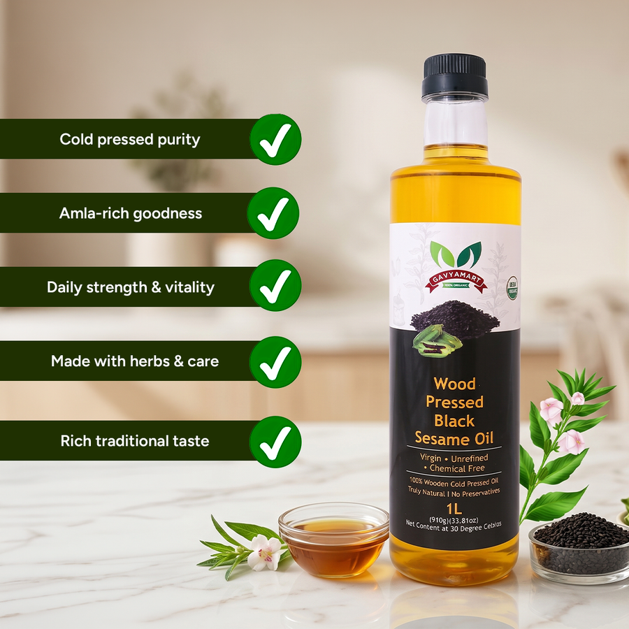 Cold Pressed Sesame Oil in glass bottle extracted from premium sesame seeds using traditional wood pressing technique