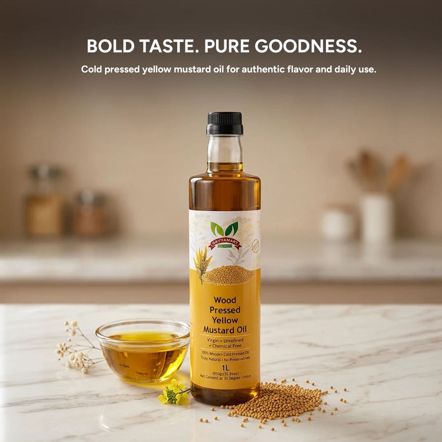 Cold Pressed Yellow Mustard Oil in glass bottle extracted using traditional Kachi Ghani wood pressed method