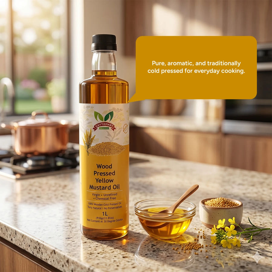 Pure Kachi Ghani Mustard Oil with natural yellow mustard seeds rich in nutrients and authentic flavor