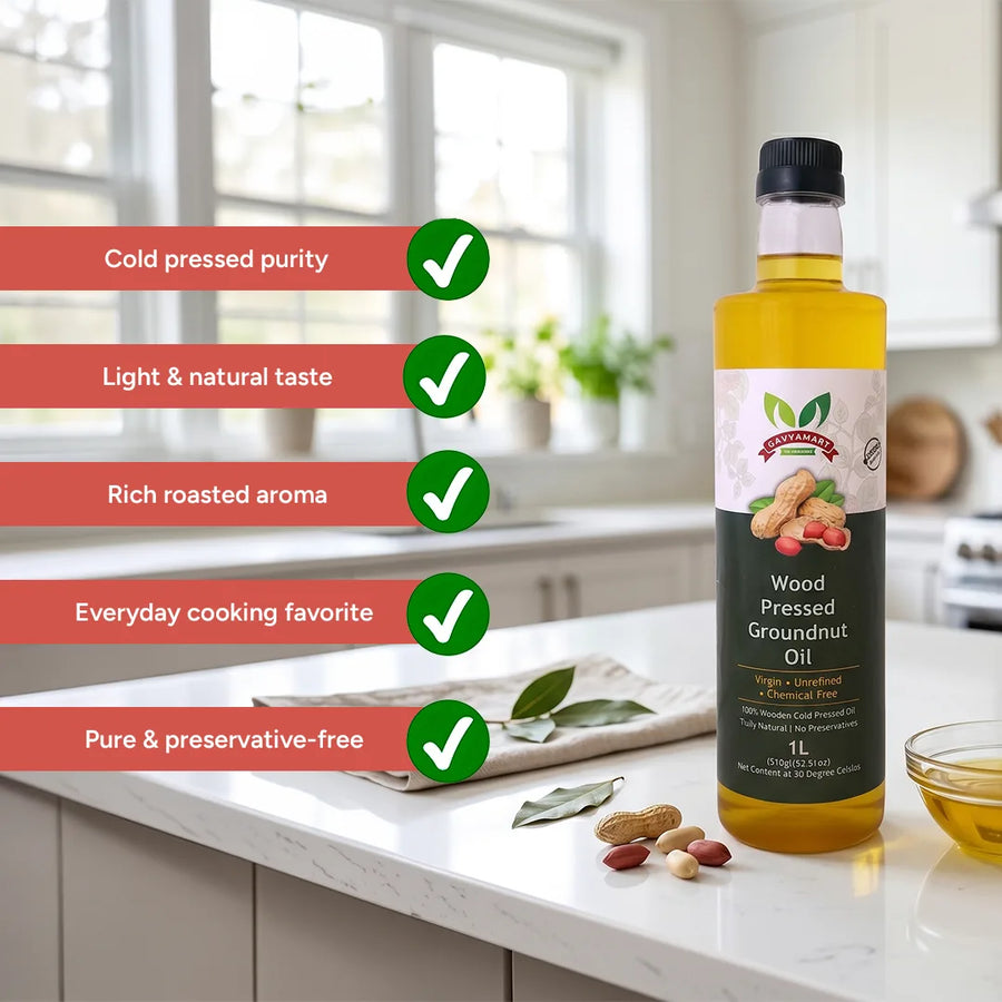 Cold Pressed Groundnut Oil in glass bottle extracted from premium peanuts using traditional wood pressed technique