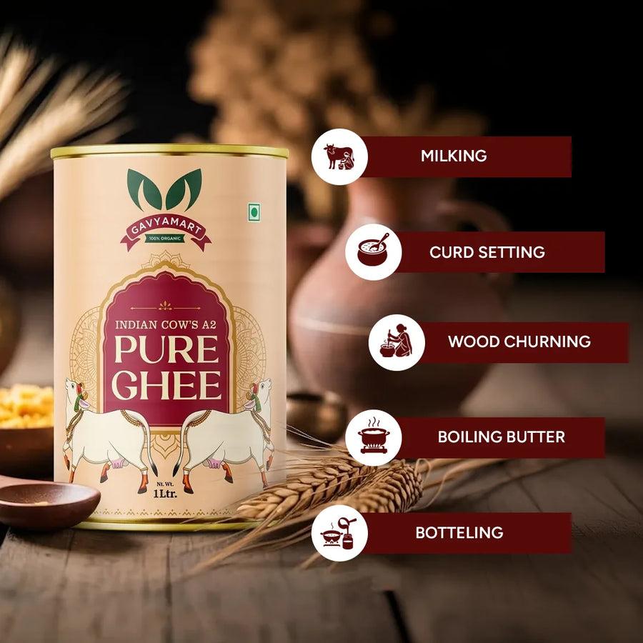 Buy Pure Desi A2 Cow Ghee online – Traditional Bilona ghee with no preservatives, no additives, and no chemicals