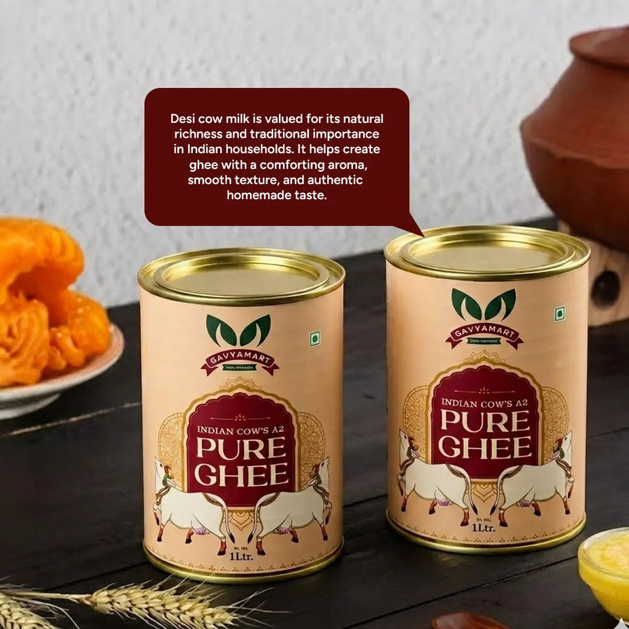 Premium Pure Desi A2 Cow Ghee made from fresh A2 cow milk using the traditional Bilona churning process