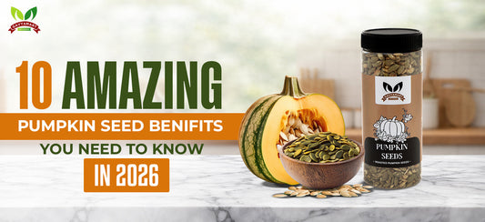 Pumpkin seeds health benefits concept showing nutritious pepitas for heart health immunity sleep and weight management