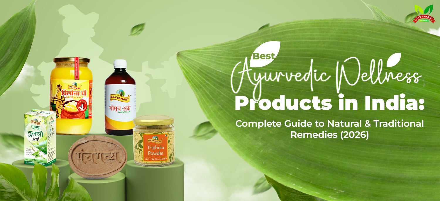 Best Ayurvedic wellness products in India including Bilona ghee, Gomutra ark, Triphala powder, and Tulsi ark displayed with natural green leaves background representing traditional herbal remedies (2026)