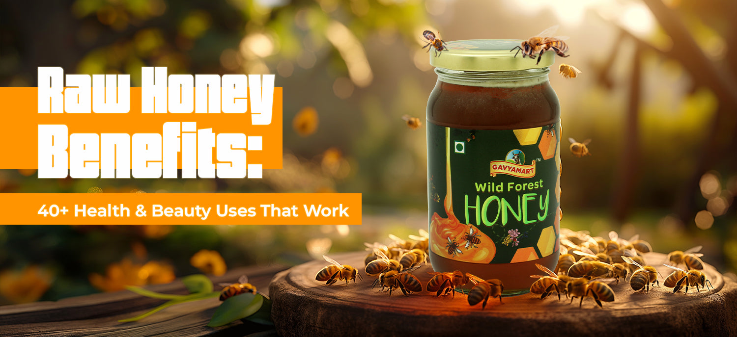 Raw wild forest honey jar surrounded by bees on a wooden surface with natural sunlight, highlighting health and beauty benefits of pure honey