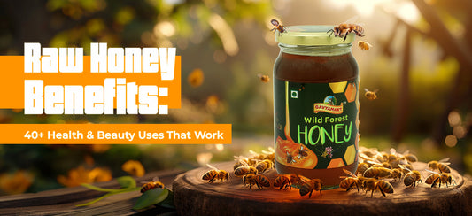 Raw wild forest honey jar surrounded by bees on a wooden surface with natural sunlight, highlighting health and beauty benefits of pure honey