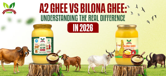 Difference between A2 Ghee and Bilona Ghee explained – traditional preparation method, indigenous cow milk benefits, and why A2 Bilona Ghee is the premium choice.