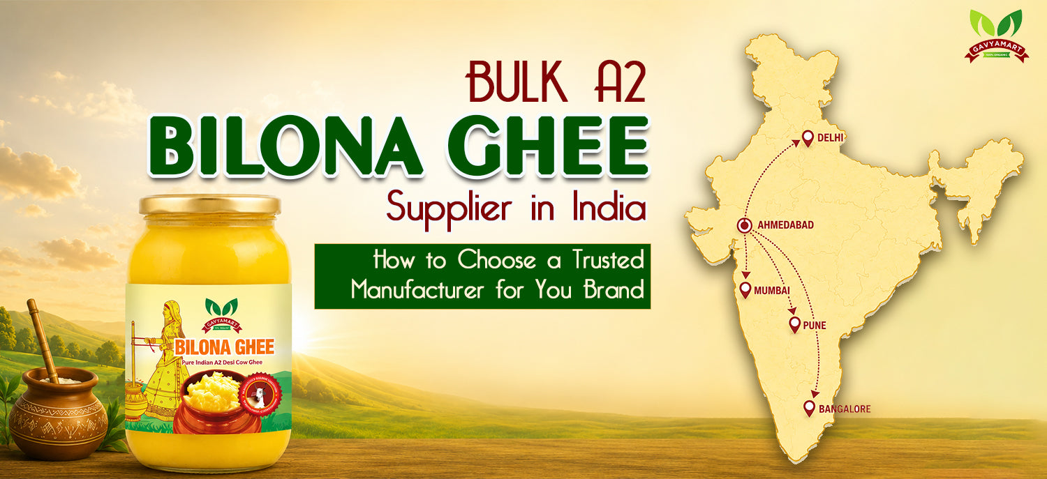 Bulk A2 Bilona Ghee supplier in India banner with premium Bilona Ghee jar, traditional ghee pot, India distribution map, and branding text about choosing a trusted manufacturer for private label and bulk supply.