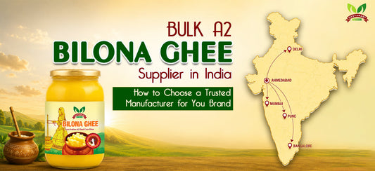 Bulk A2 Bilona Ghee supplier in India banner with premium Bilona Ghee jar, traditional ghee pot, India distribution map, and branding text about choosing a trusted manufacturer for private label and bulk supply.