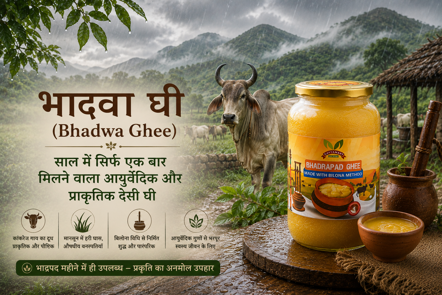 भादवा घी – भाद्रपद महीने में देशी गायों के दूध से तैयार शुद्ध पारंपरिक बिलौना देसी घी