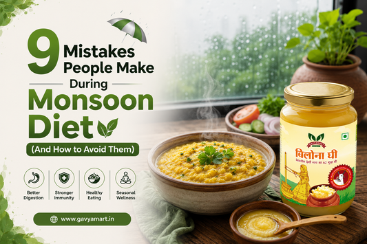 Monsoon diet guide banner showing warm healthy meals and Gavyamart A2 Bilona Cow Ghee for gut health and immunity
