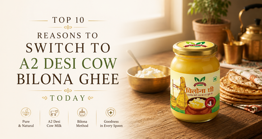 Premium A2 Desi Cow Bilona Ghee by Gavyamart displayed on a rustic wooden table with traditional Indian kitchen setting for healthy cooking blog banner