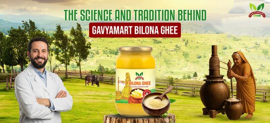 Banner showing the science and tradition behind Gavyamart Bilona Ghee with a jar of A2 desi cow ghee, a doctor representing health benefits, and an elderly woman preparing traditional bilona churned ghee in a rural village landscape.