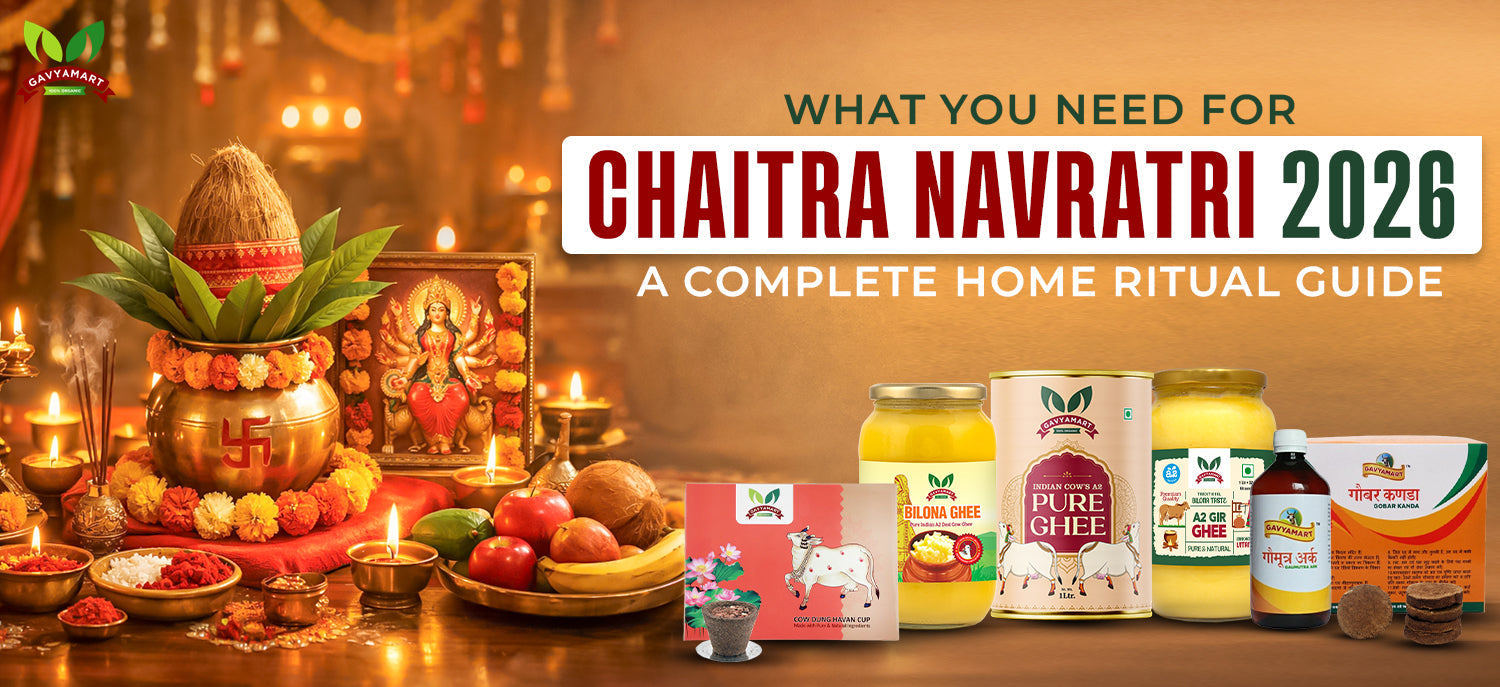 Chaitra Navratri 2026 celebration with Goddess Durga idol, puja items, and A2 Desi Ghee diya for home rituals