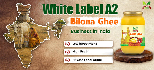 White Label A2 Bilona Ghee Business in India banner featuring traditional cow milking scene, India map design, and A2 Bilona Ghee jar with highlights of low investment, high profit, and private label business opportunities.