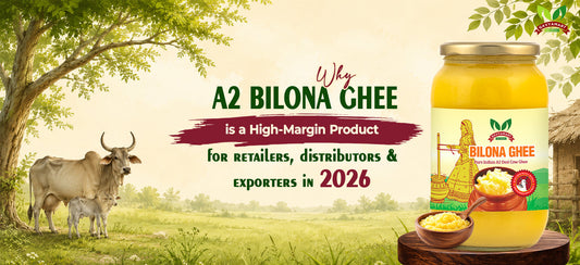 Premium A2 Bilona Ghee made from indigenous Indian cow milk using the traditional Bilona method for healthy and pure dairy nutrition.