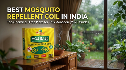 Gavyamart Mos-Ease chemical-free herbal mosquito repellent coil box held during monsoon season in India