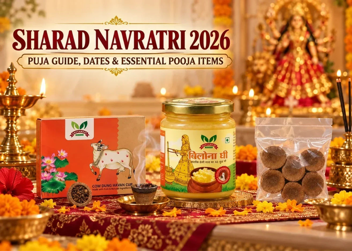 Sharad Navratri 2026 puja setup with Maa Durga, kalash, cow dung diya, havan cup and desi cow bilona ghee