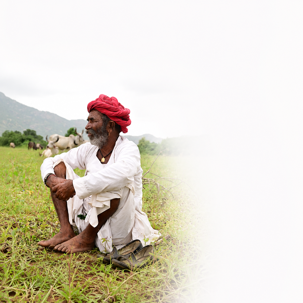 Rabari cattle keeper seated in an open grazing landscape