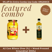 Glass jar of A2 cow bilona ghee with bright yellow color and traditional Indian packaging, next to a 1L bottle of wood pressed groundnut oil with green label