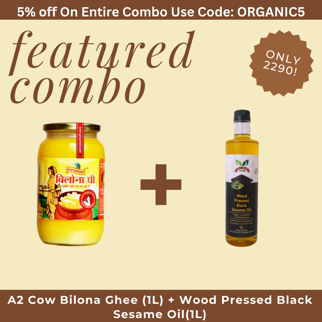 A jar of A2 cow bilona ghee with a yellow label and golden lid, next to a 1L bottle of wood pressed black sesame oil with a black cap, on a beige background