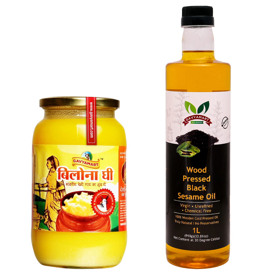 A2 Cow Bilona Ghee (1L) + Wood Pressed Black Sesame Oil(1L)