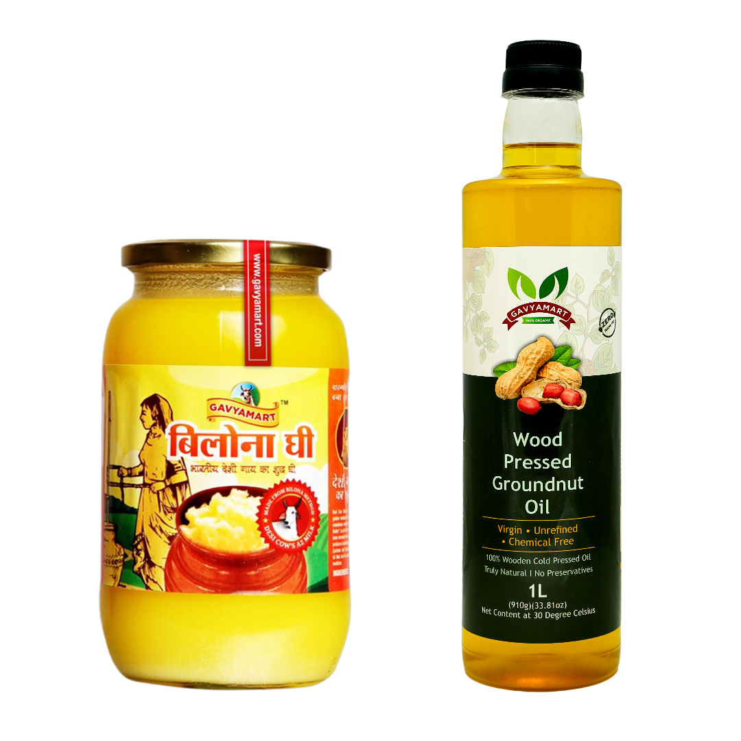 Bright yellow jar of Gavyamart Bilona Ghee with traditional Indian artwork and red label, ideal for healthy cooking