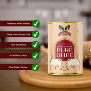 100% Pure Desi A2 Cow Ghee in glass jar handcrafted from A2 cow milk with rich aroma and golden texture