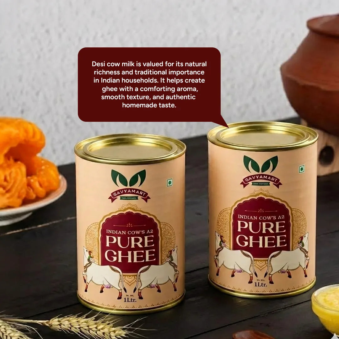 Premium Pure Desi A2 Cow Ghee made from fresh A2 cow milk using the traditional Bilona churning process