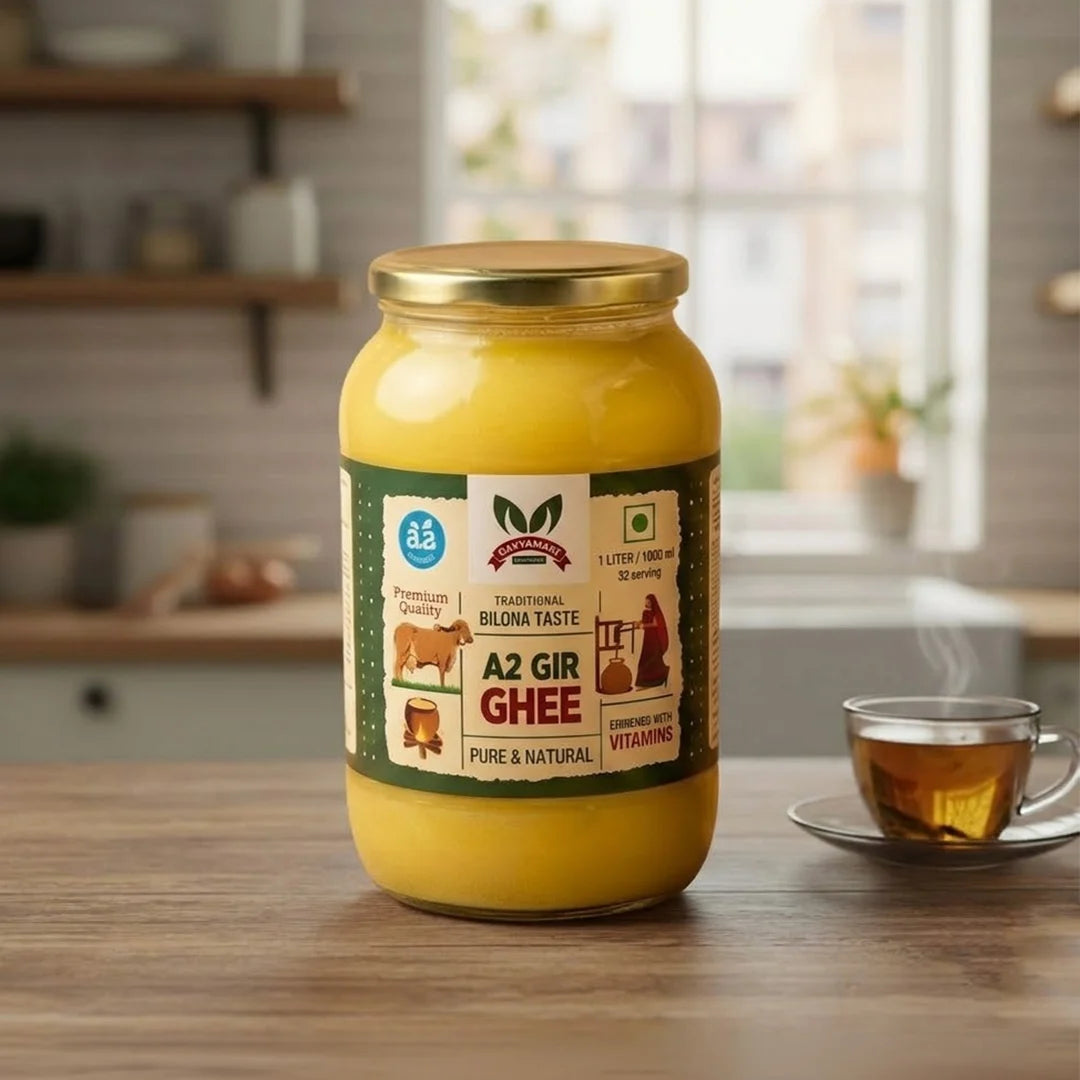 Pure A2 Gir Cow Ghee handcrafted with the traditional Bilona process from grass-fed Gir cow milk by Gavyamart